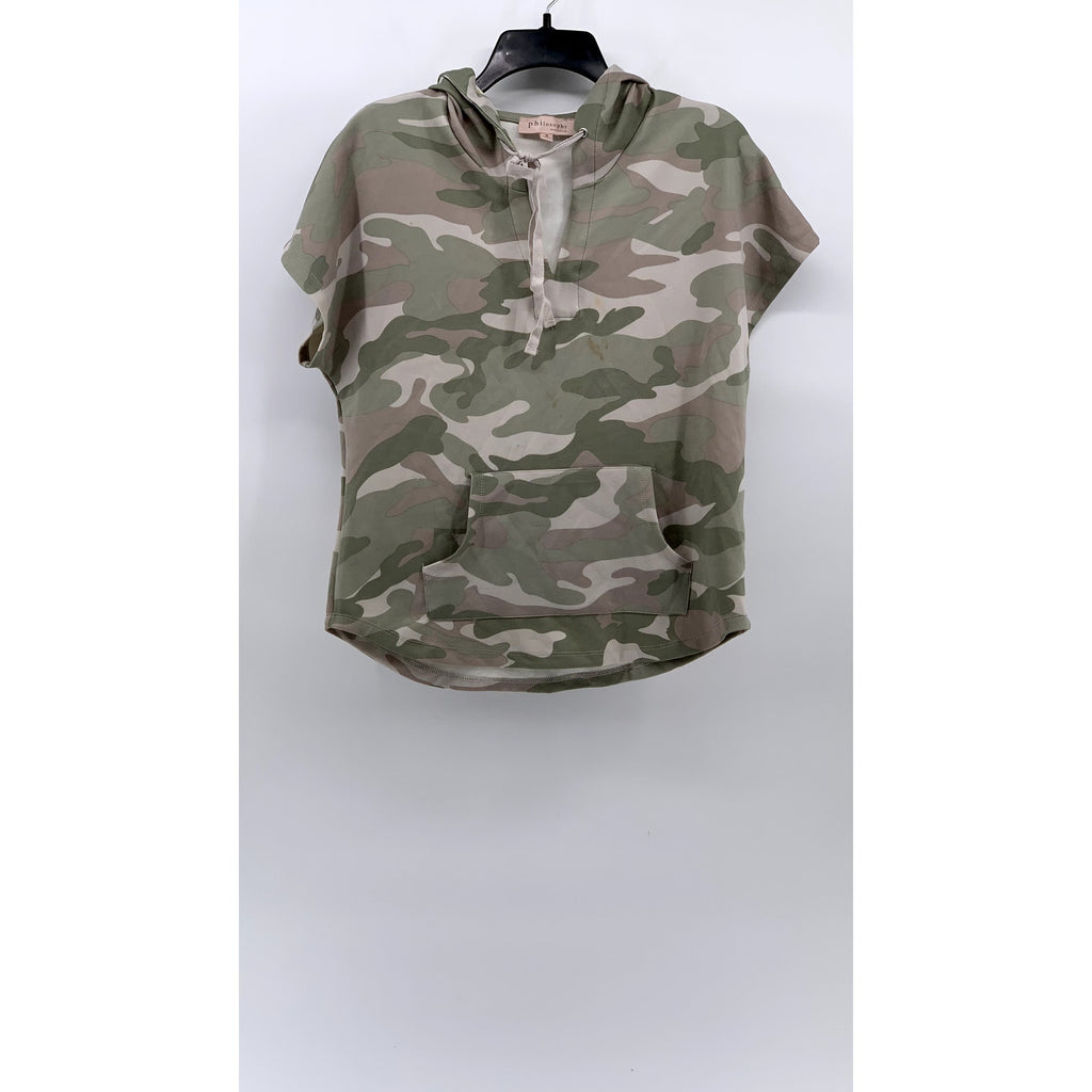 PHILOSOPHY Women's Green Camo Print Hooded Sleeveless Sweater Top SZ M