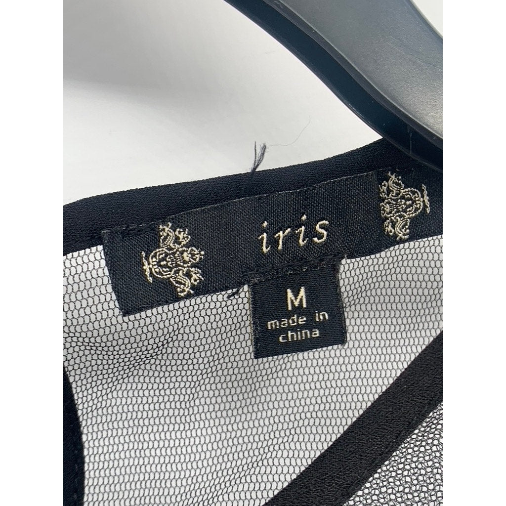 IRIS Women's Black Mesh Embroidered Rose Short Sleeve Crewneck Top SZ M