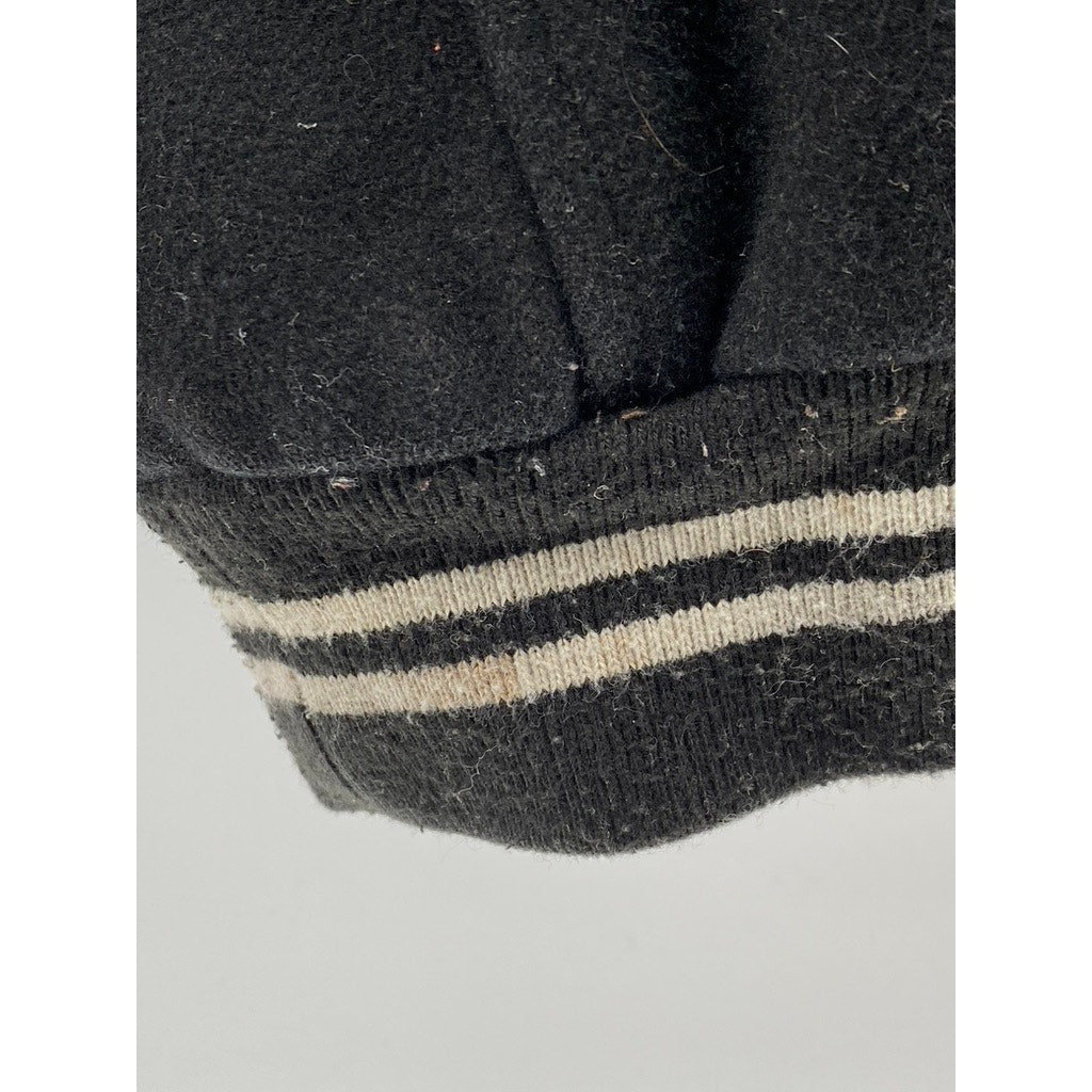 DURKL Men's Vintage Black-White Button-Up Striped-Trim Varsity Jacket SZ M