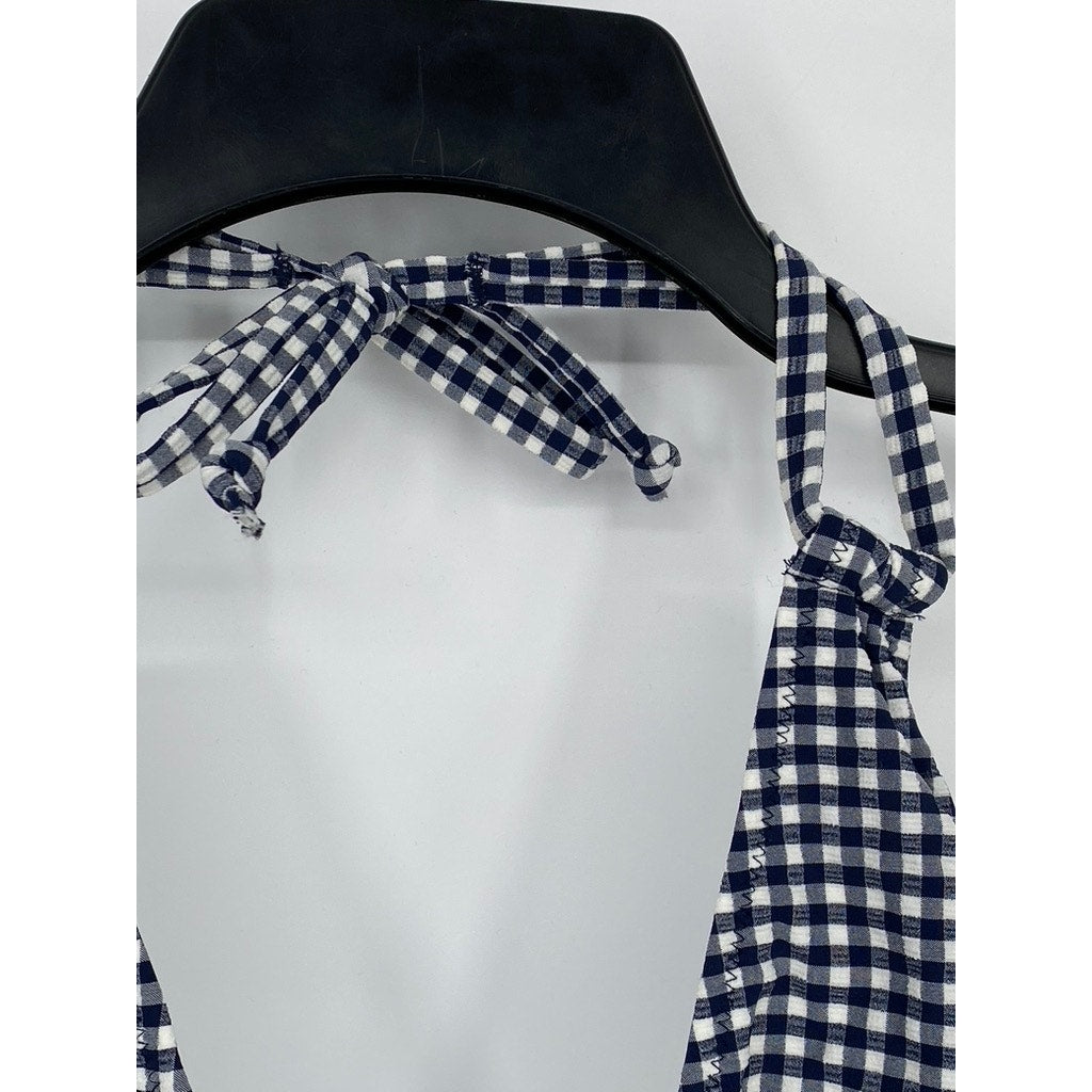 VICTORIA SECRET Women's Blue-White Gingham Cutout V-Neck Tie Neck Swimsuit SZ XL