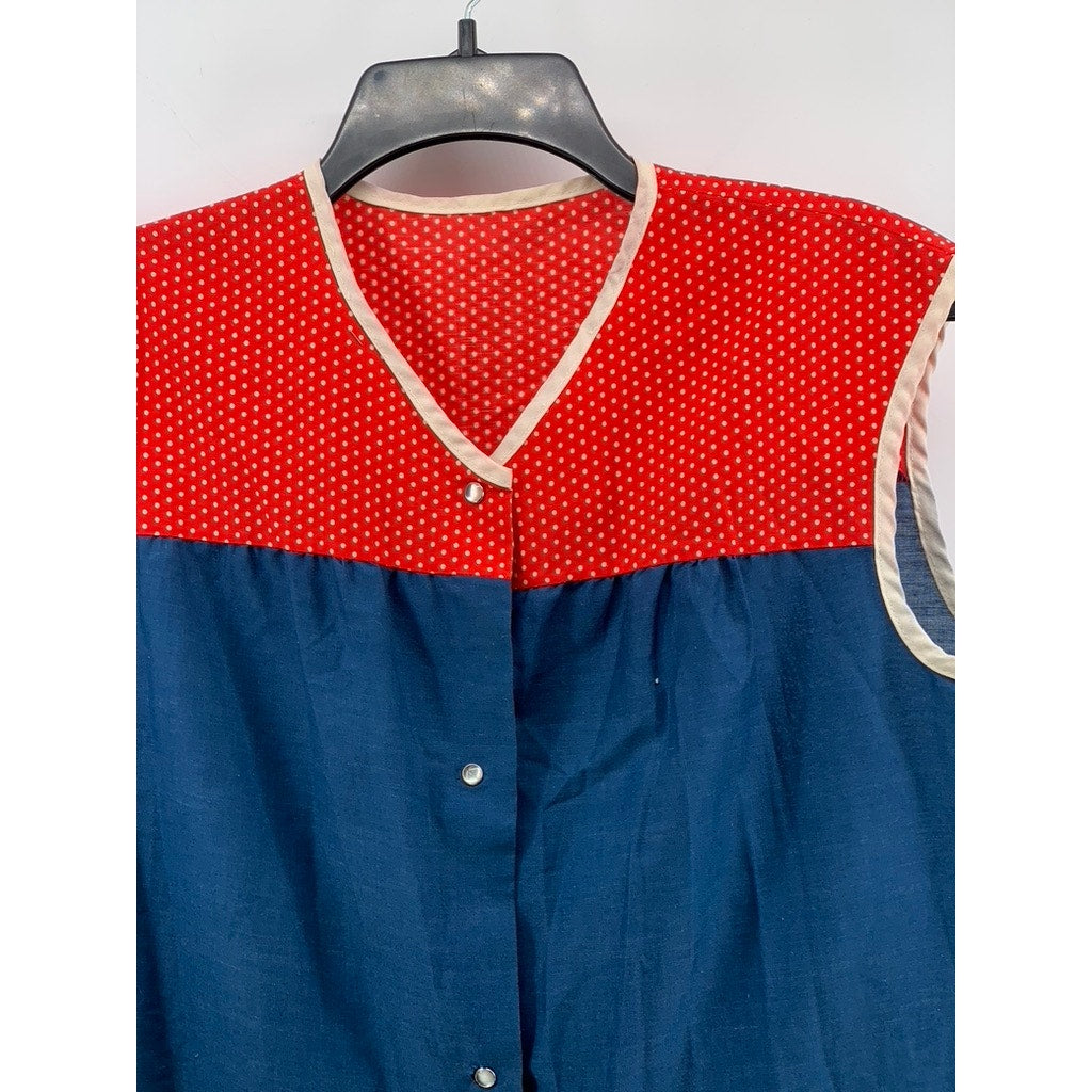 UNBRANDED Women's Vintage Blue-Red Mushroom Button-Up V-Neck Apron SZ OS