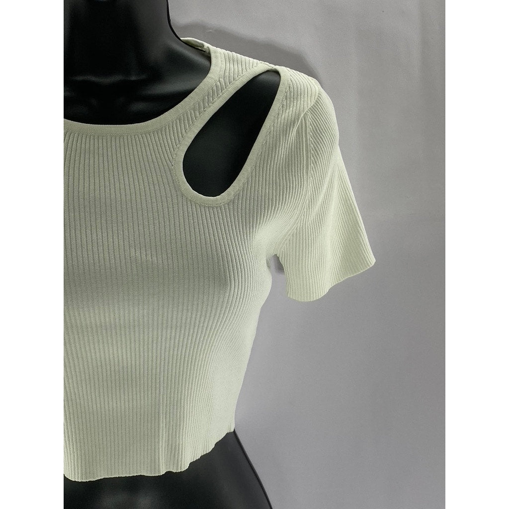 ZARA Women's White Ribbed Cutout Shoulder Crewneck Short Sleeve Crop Top SZ S