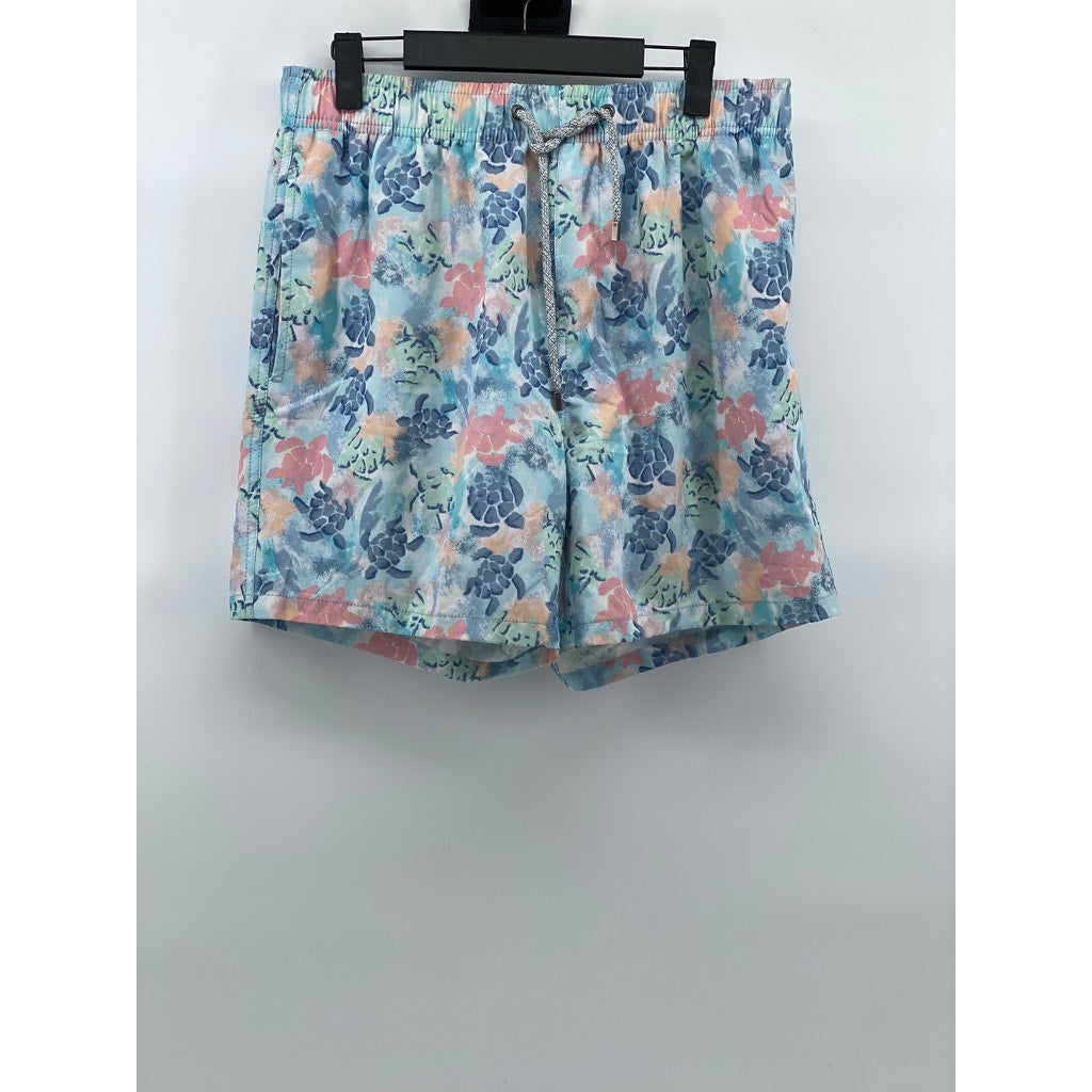 VINTAGE SUMMER Men's Light Blue Turtle Print Drawstring Mesh Swim Shorts SZ M