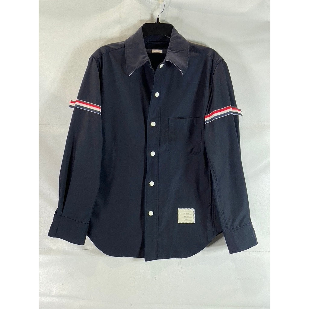 THOM BROWNE Men's Navy Stripe Armband Patch Button-Up Shirt Jacket SZ 1(S)