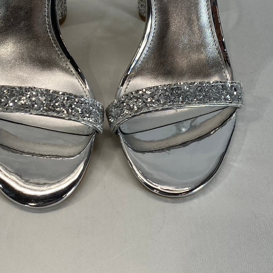 NINE WEST Women's Silver Celebra Sequin Ankle Strap Heeled Sandals SZ 7
