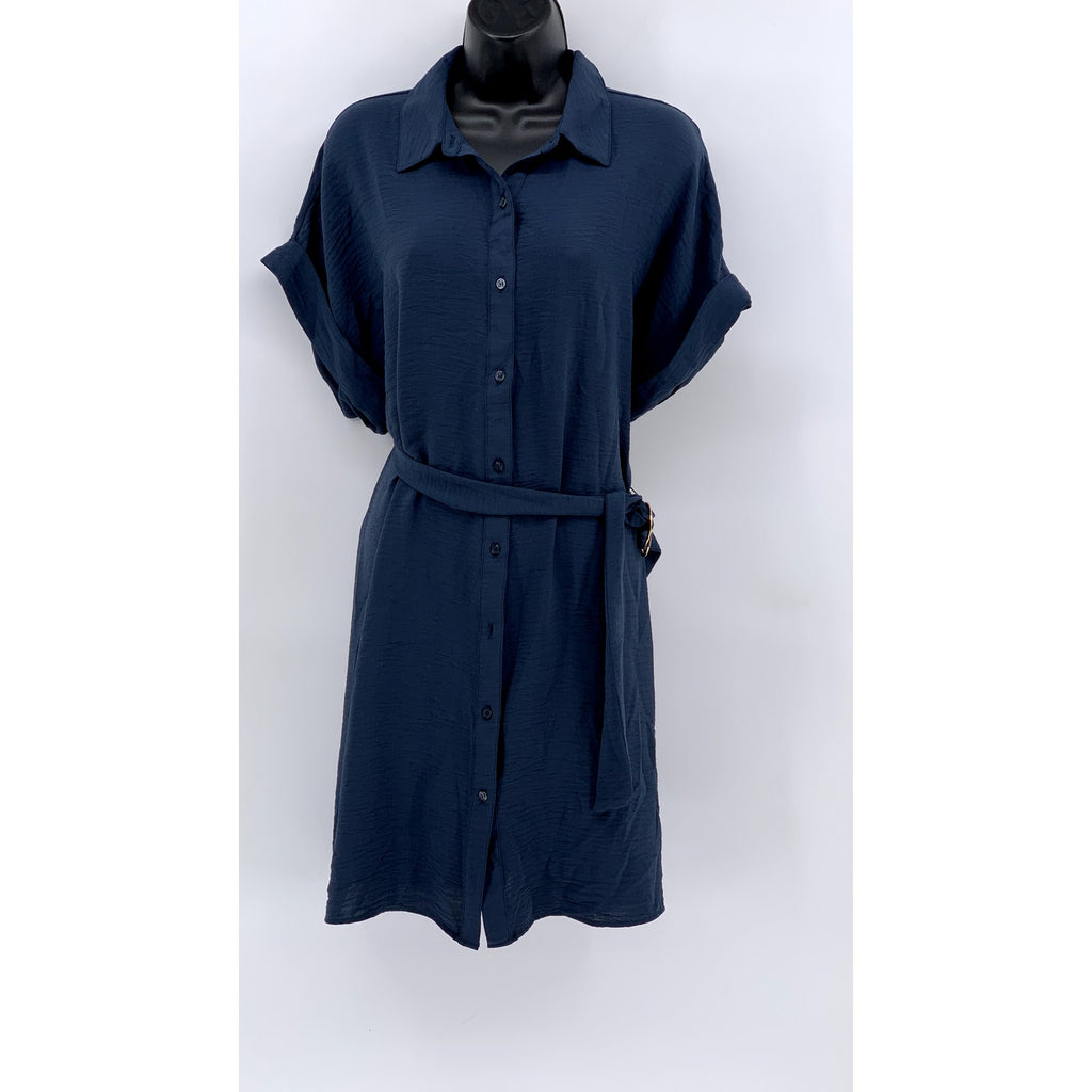 WORTHINGTON Women's Blue Button-Up Short Sleeve Belted Dress SZ L