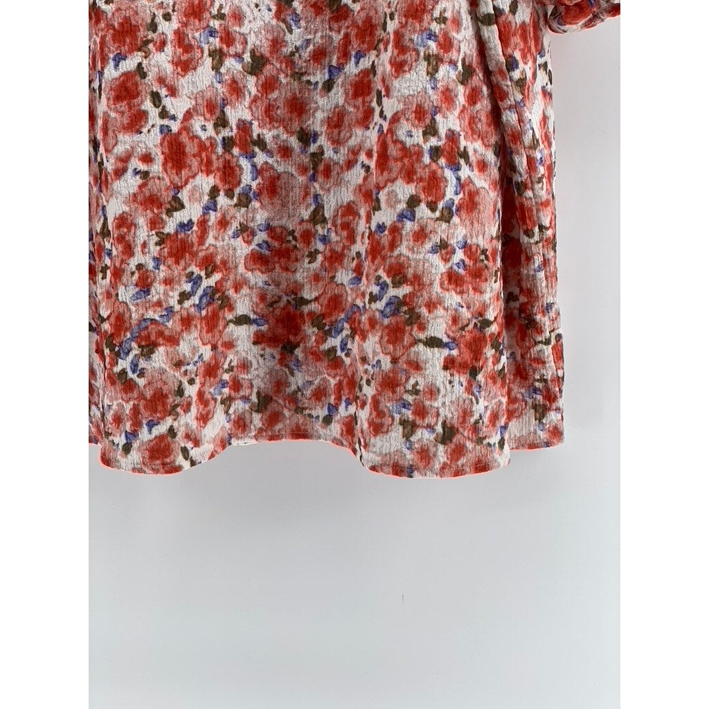 UNBRANDED Women's White-Orange Floral Short Ruffle Sleeve Top SZ 2XL