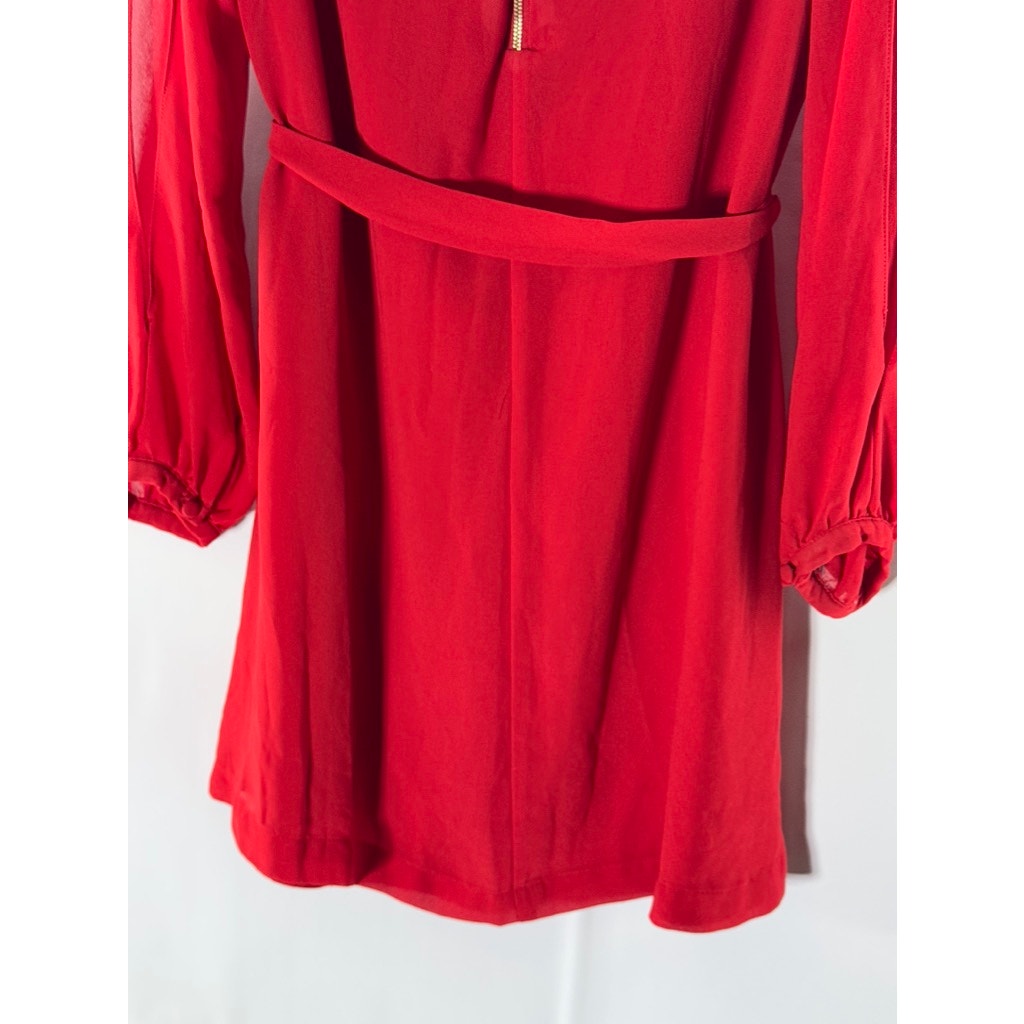 NAKED ZEBRA Women's Red V-Neck Cutout long Sleeve Tie-Waist Mini Dress SZ M