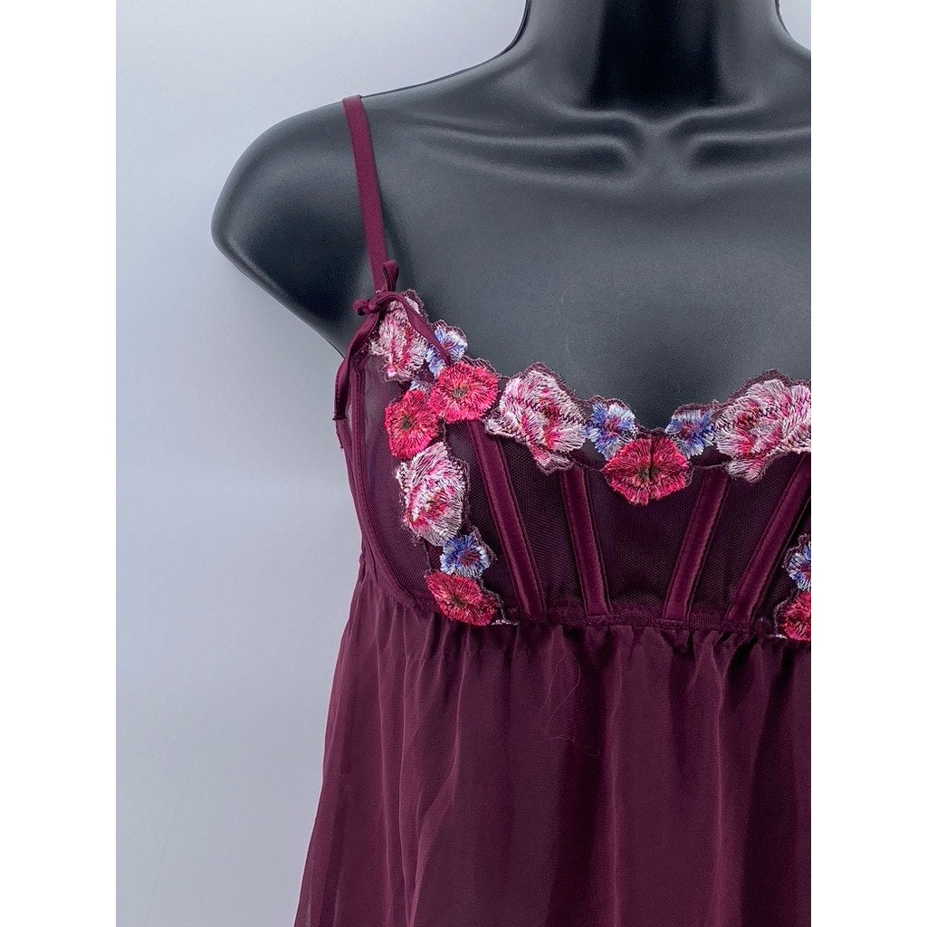 VICTORIA'S SECRET Women's Burgundy Floral Mesh Spaghetti Strap Night Gown SZ XS