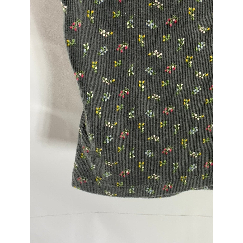 OLD NAVY Women's Grey Floral Print Button-Up Short Sleeve Scoop-Neck Top SZ S