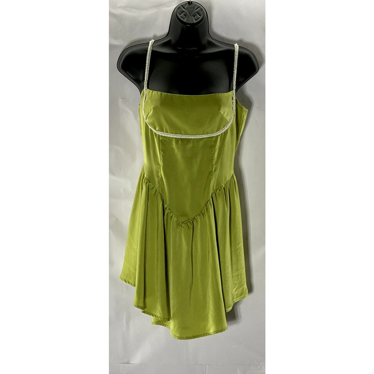 UNBRANDED Women's Lime Green Straight-Neck Spaghetti Strap Ruffle Mini Dress SZS