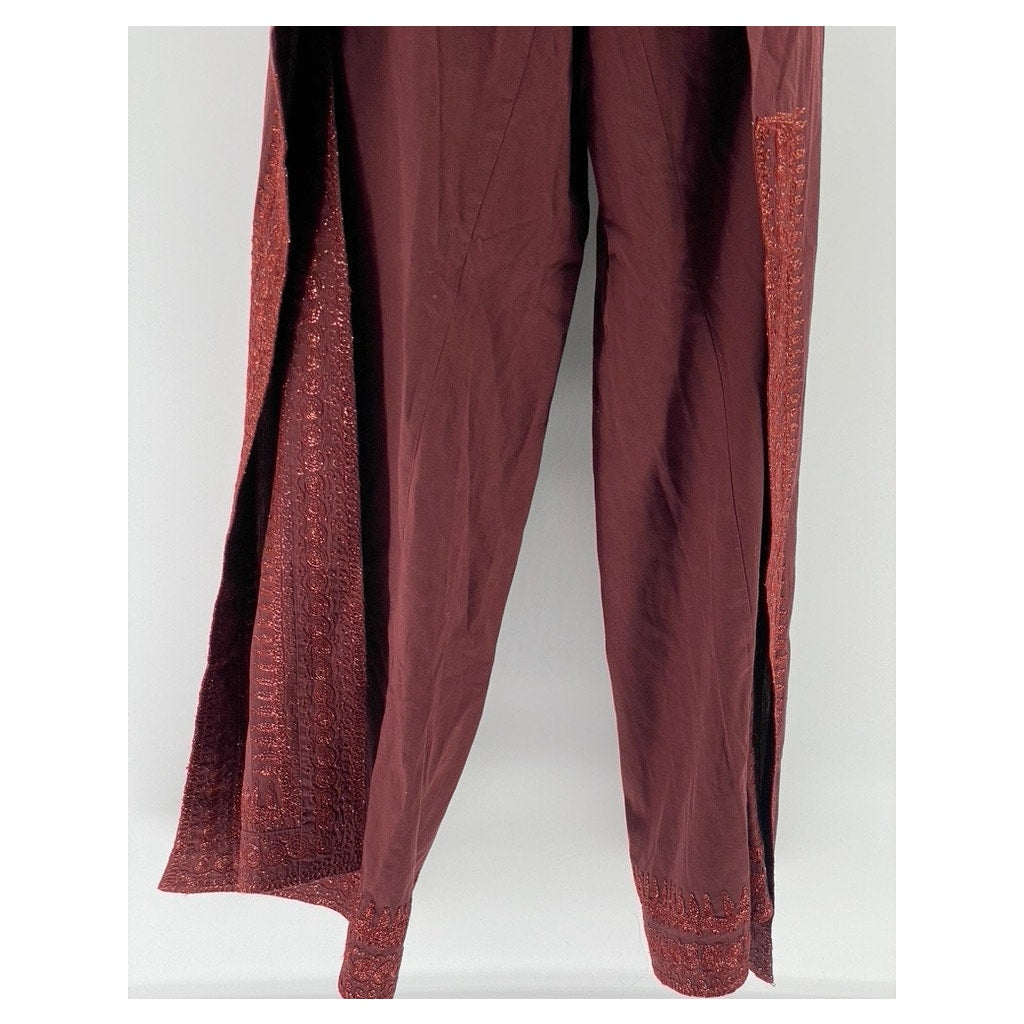 H&M Women's Burgundy Glitter Embroidered Trim Wrap Side Slit Pants 4