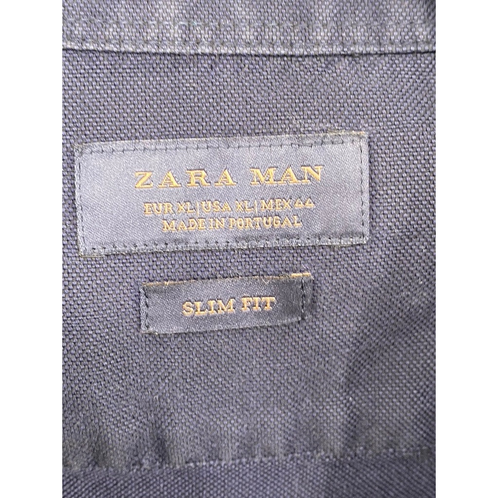 ZARA Men's Navy Blue Textured Slim-Fit Button-Up Long Sleeve Shirt SZ XL