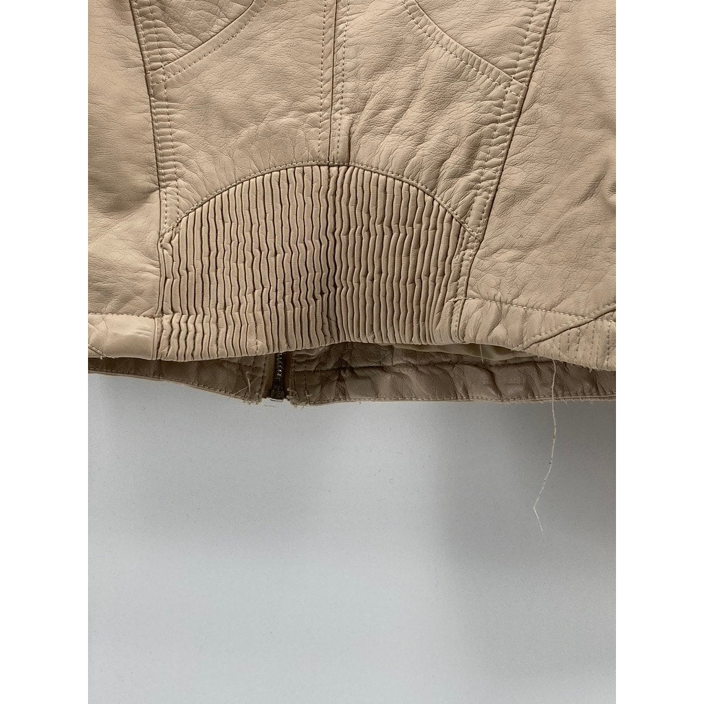 JOUJOU Women's Beige Faux-Leather Collarless Zip-Up Moto Jacket SZ M