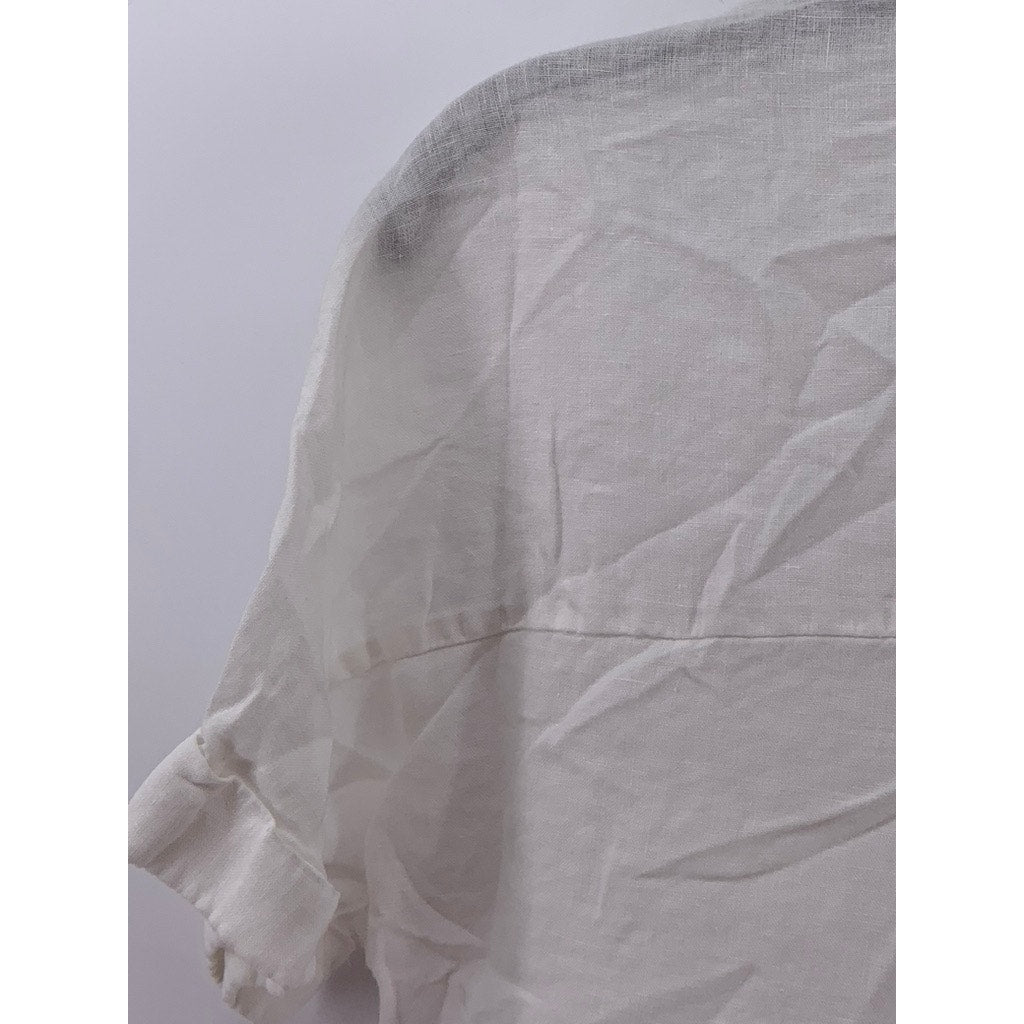 MNG Women's White Linen Button-Up Short Sleeve Top SZ 2