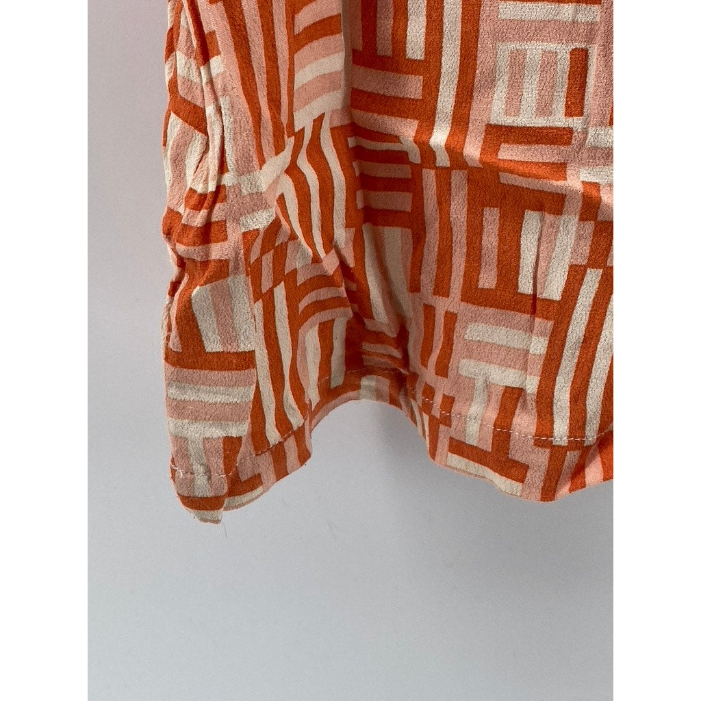 NICE THINGS Women's Orange-White Dessau Print Short Sleeve Button-Up Top SZ40(8)
