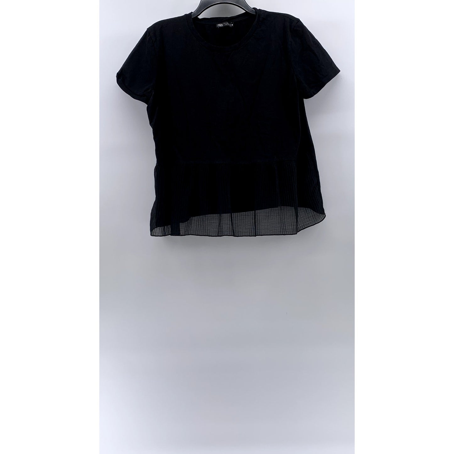 ZARA Women's Black Crewneck Pleated Sheer Hem Short Sleeve Top SZ L
