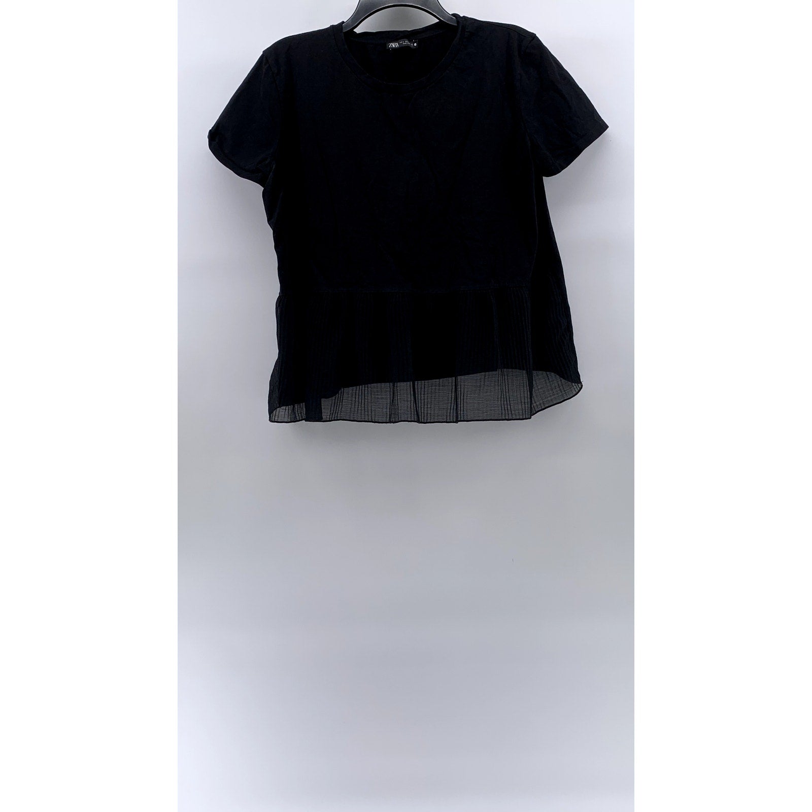 ZARA Women's Black Crewneck Pleated Sheer Hem Short Sleeve Top SZ L