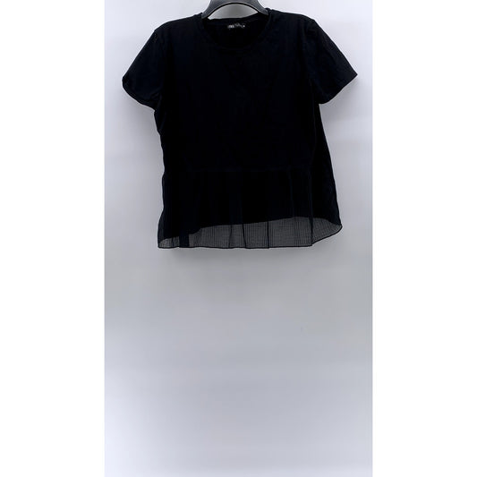 ZARA Women's Black Crewneck Pleated Sheer Hem Short Sleeve Top SZ L