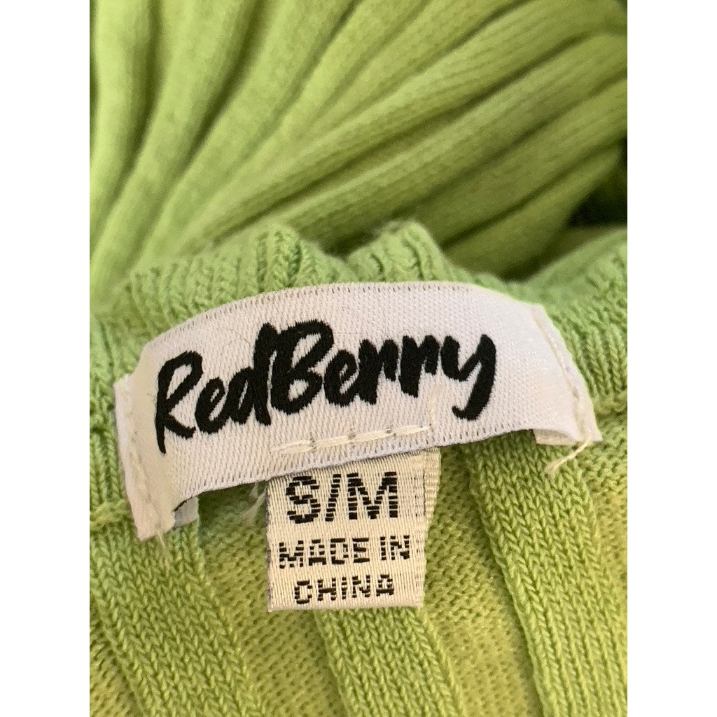 REDBERRY Women's Green/Blue Ribbed Button-Up Ruffle-Trim Short Sleeve Top SZ S/M