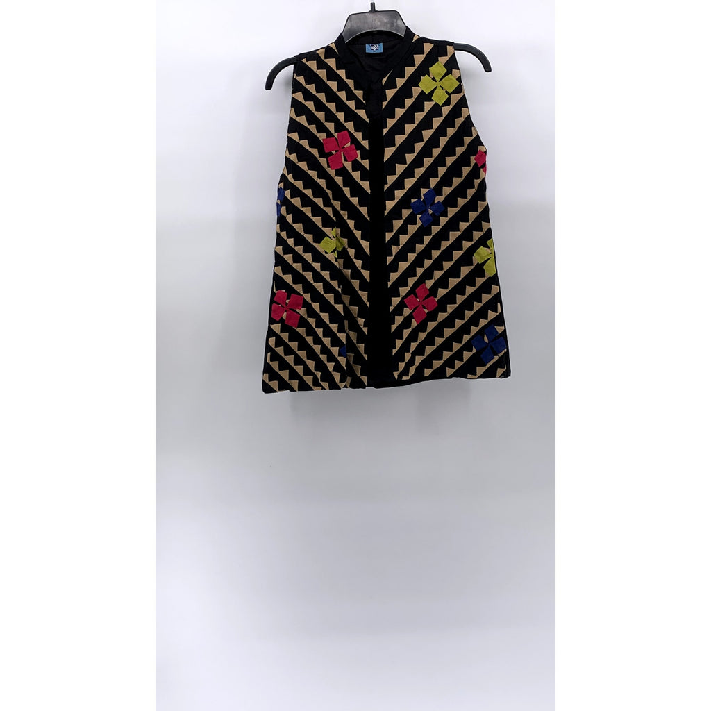 UNBRANDED Women's Black-Beige Floral Embroidered Patch Design Vest SZ M
