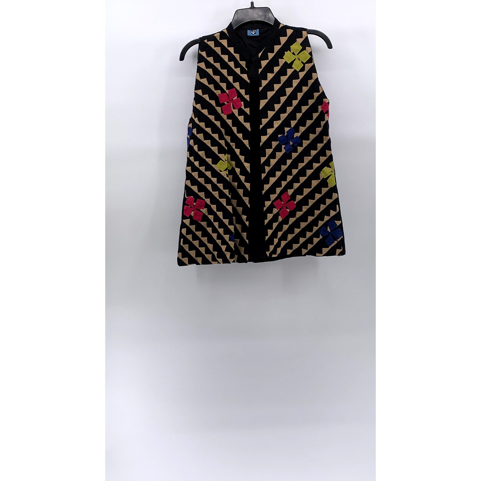 UNBRANDED Women's Black-Beige Floral Embroidered Patch Design Vest SZ M