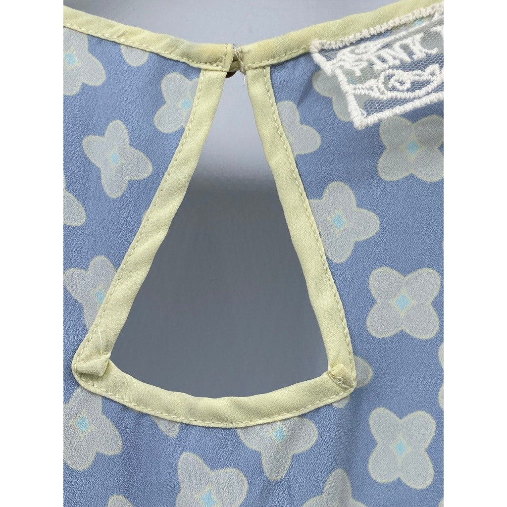 PINK MARTINI Women's Blue-Yellow Floral Square-Neck Relaxed-Fit Top SZ S