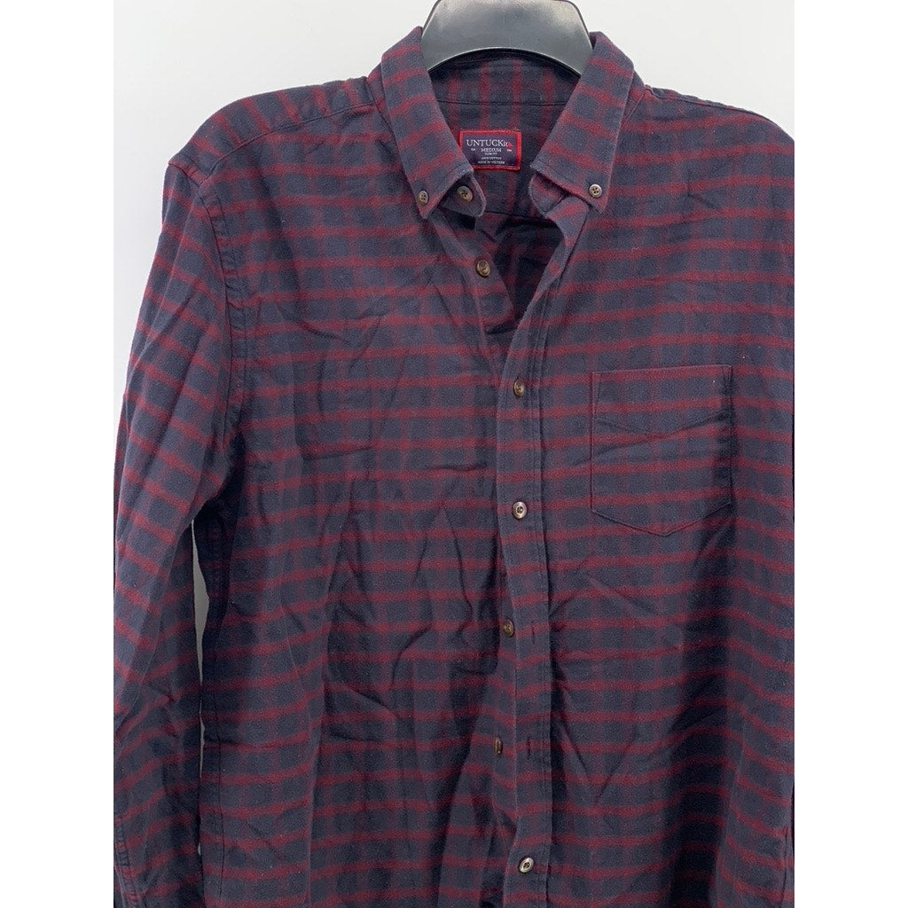 UNTUCKIT Men's Navy-Red Check Button-Up Long Sleeve Flannel Rully Shirt SZ M