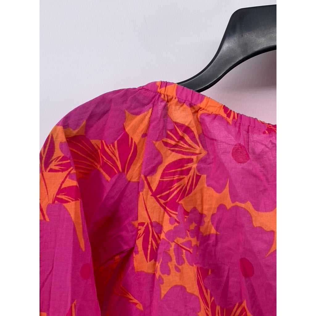 OLIVACEOUS Women's Orange-Pink Floral Puff Long Sleeve Tie-Front Top SZ S