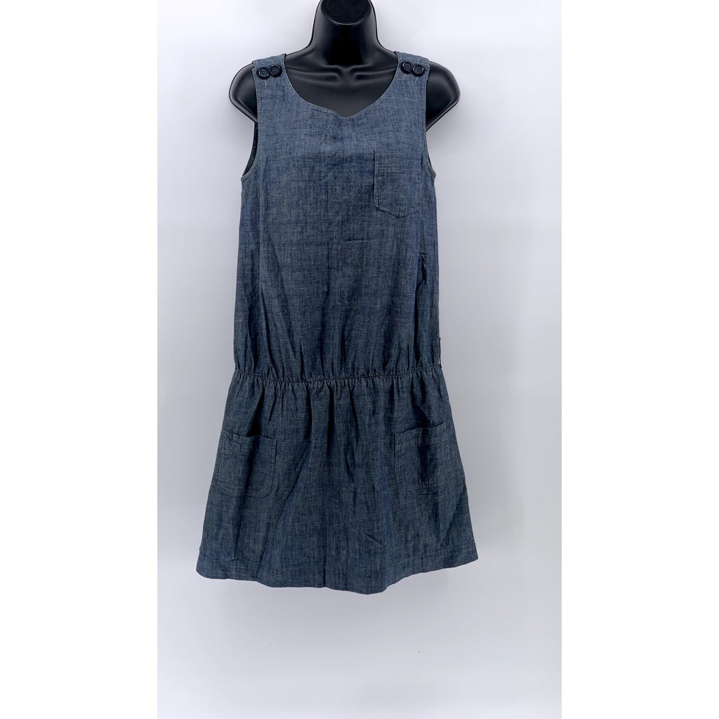 A.P.C. Women's Blue Chambray Crewneck Sleeveless Ruffle-Hem Knee Dress SZ S