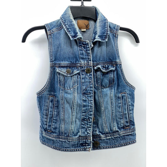 AMERICAN EAGLE Women's Medium Wash Blue Denim Button-Up Vest SZ XS