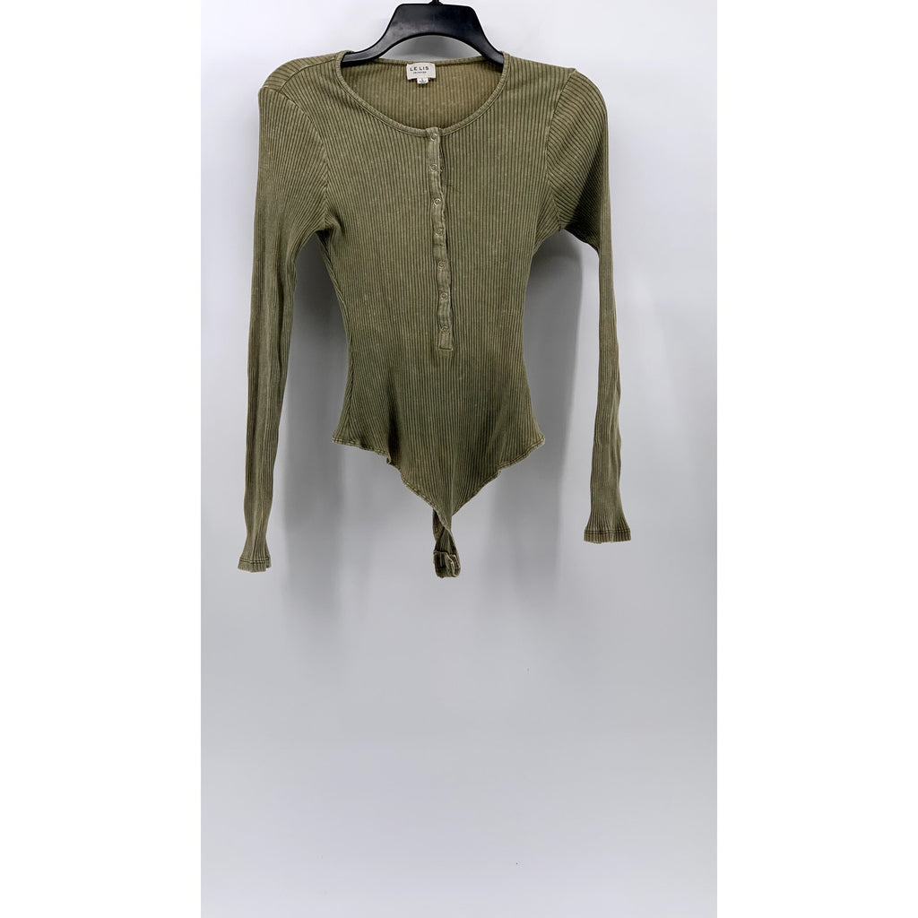 LE LIS Women's Green Ribbed Button-Front Long Sleeve Thong Bodysuit SZ L