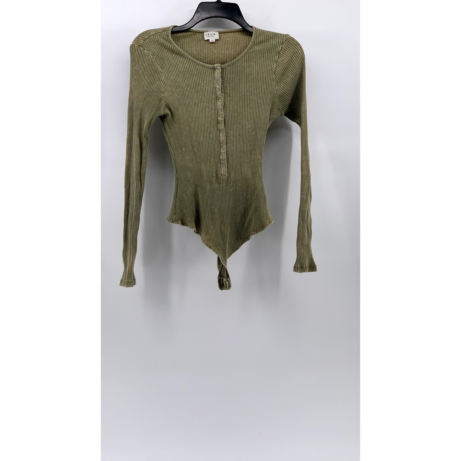 LE LIS Women's Green Ribbed Button-Front Long Sleeve Thong Bodysuit SZ L
