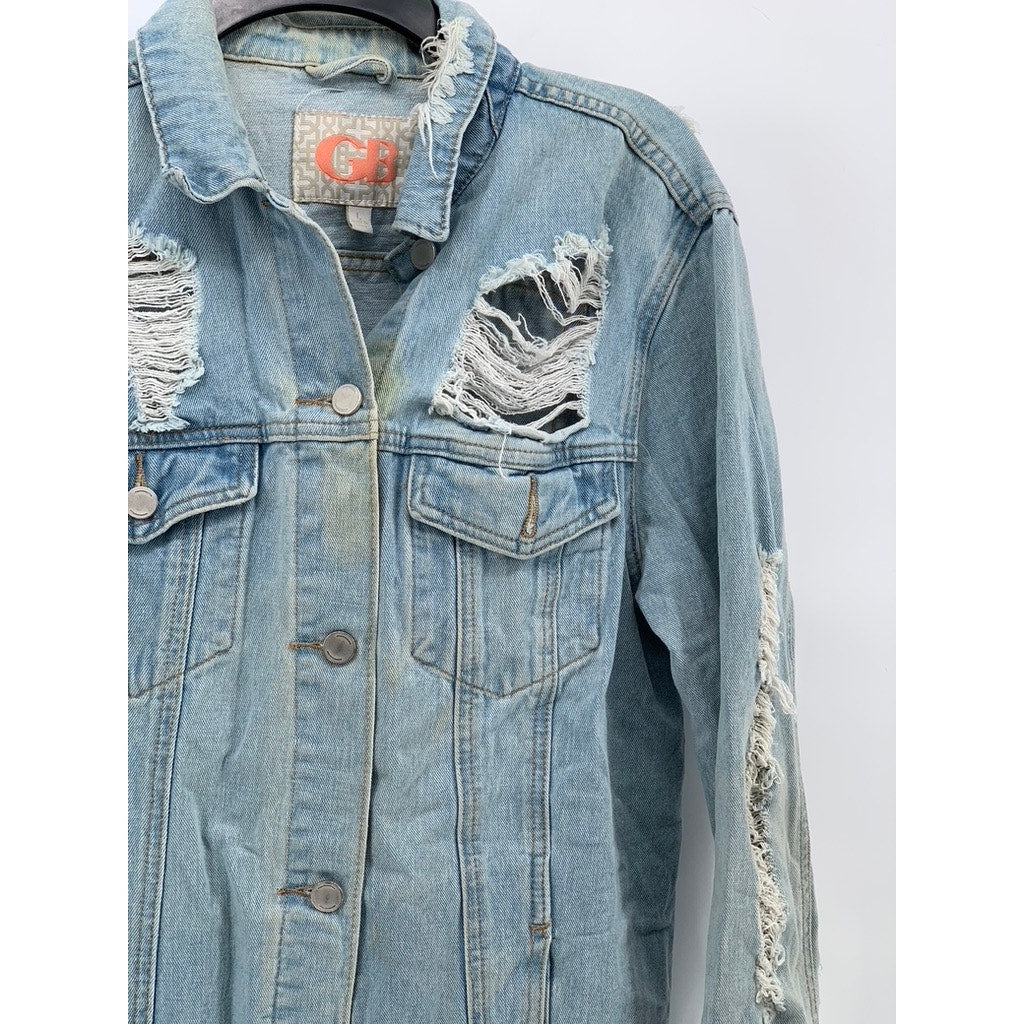 GB GIANNI BINI Women's Blue Distressed Button-Up Long Sleeve Jean Jacket SZ L