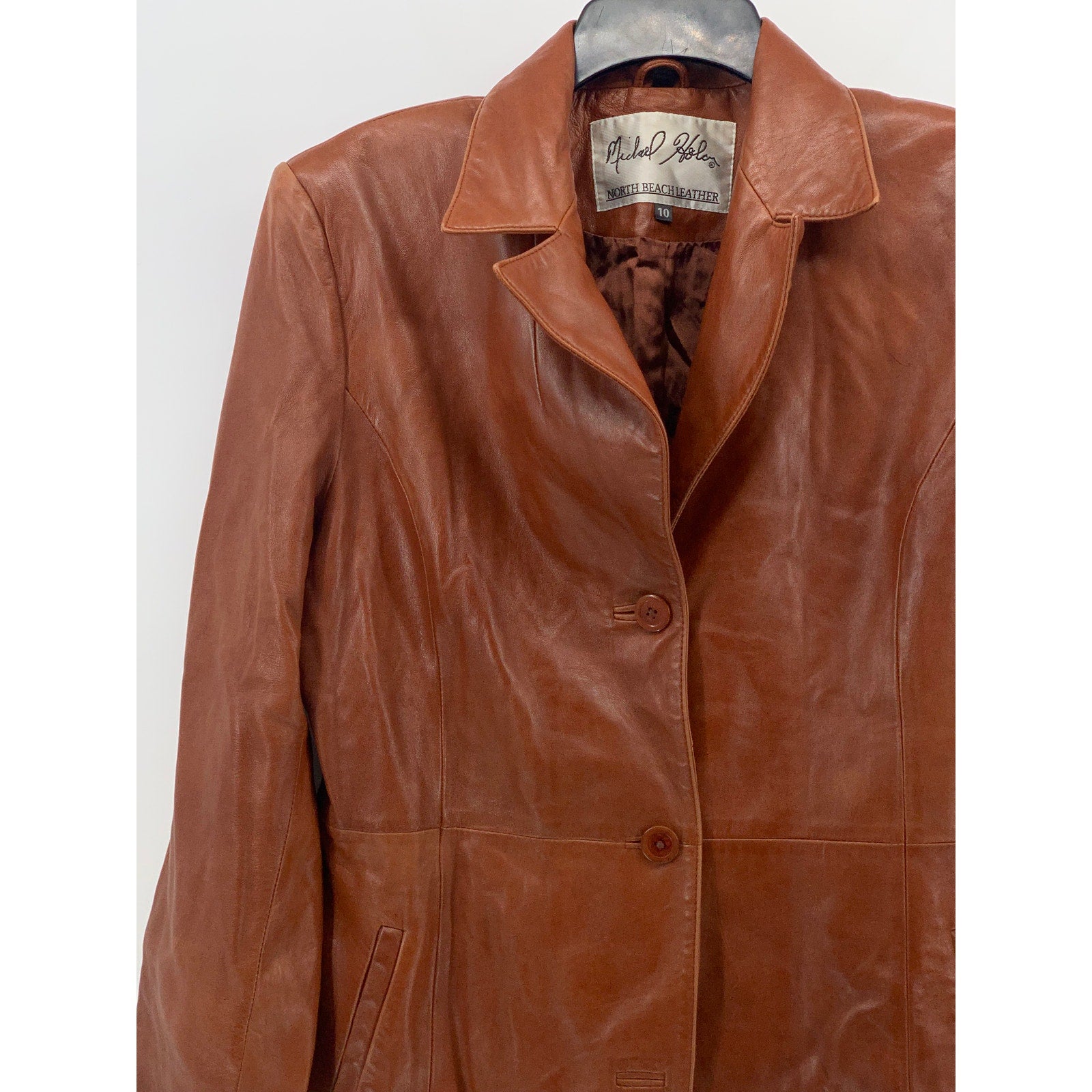 MICHAEL HOBAN Women’s Brown Leather North Beach Button-Up Long Sleeve Coat SZ 10