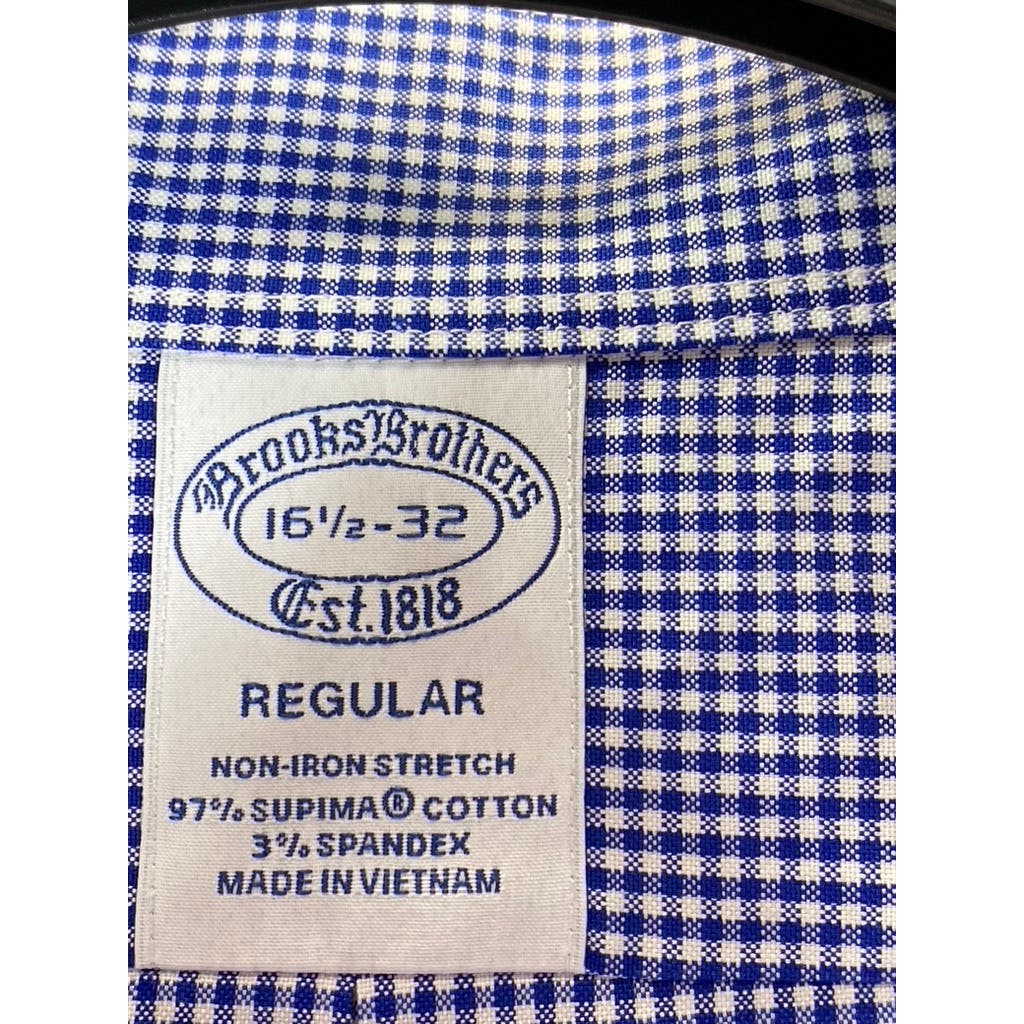 BROOKS BROTHERS Men's Blue Gingham Regular-Fit Non-Iron Dress Shirt SZ 16.5/32