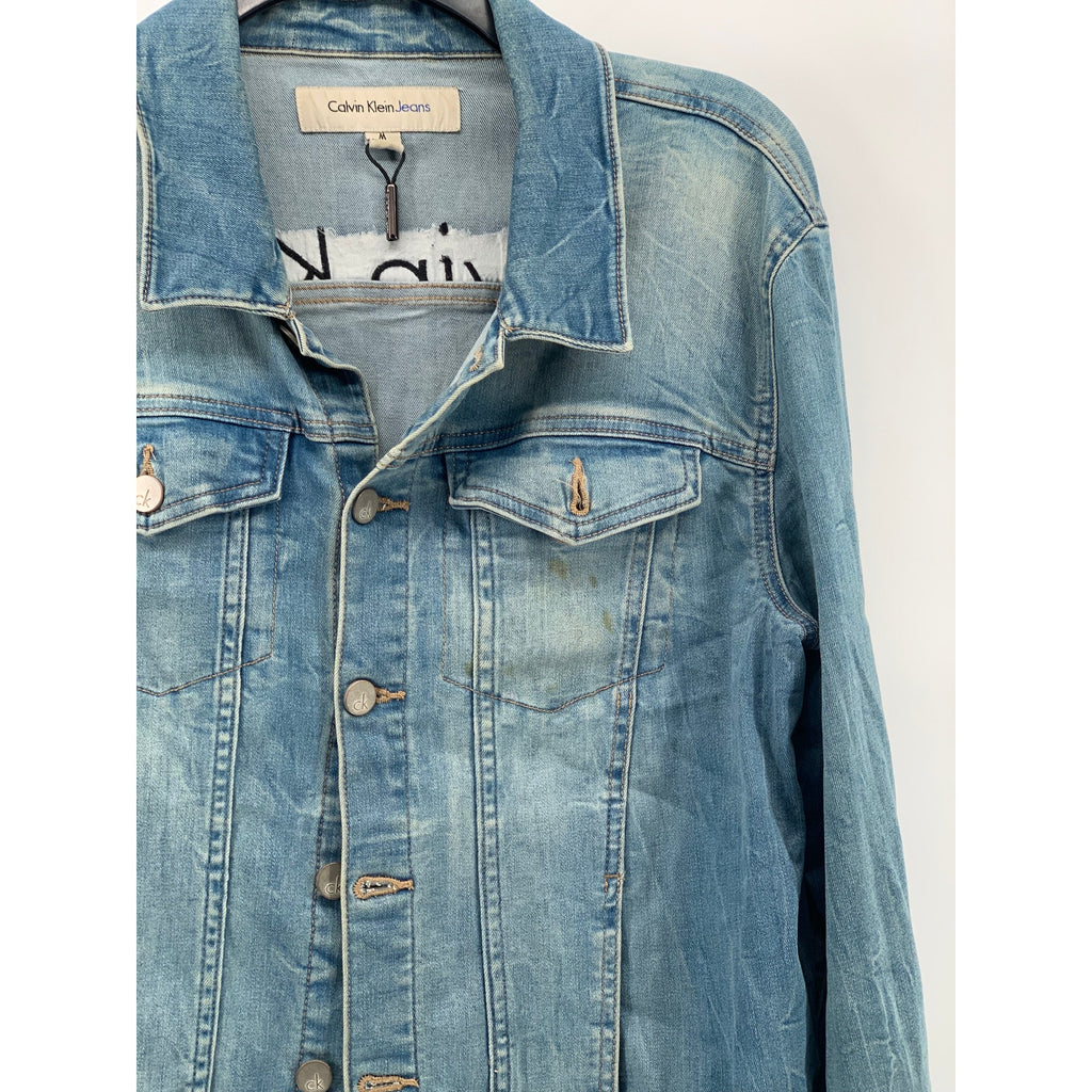 CALVIN KLEIN Women's Blue Denim Logo Button-Up Long Sleeve Trucker Jacket SZ M