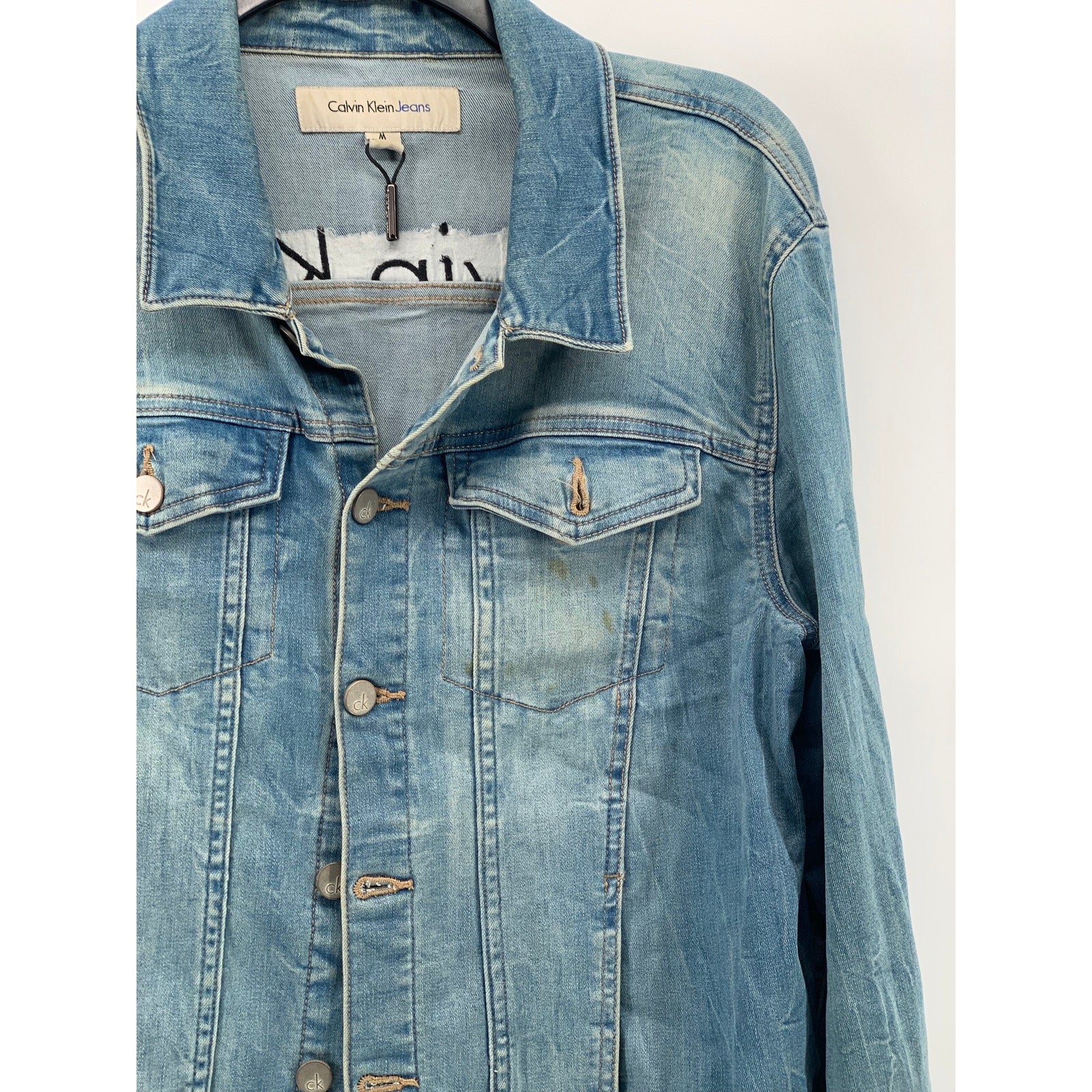 CALVIN KLEIN Women's Blue Denim Logo Button-Up Long Sleeve Trucker Jacket SZ M