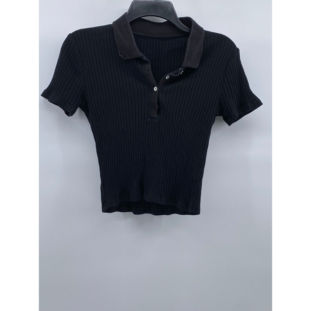 UNBRANDED Women's Black Ribbed Short Sleeve Cropped Polo Top SZ XS
