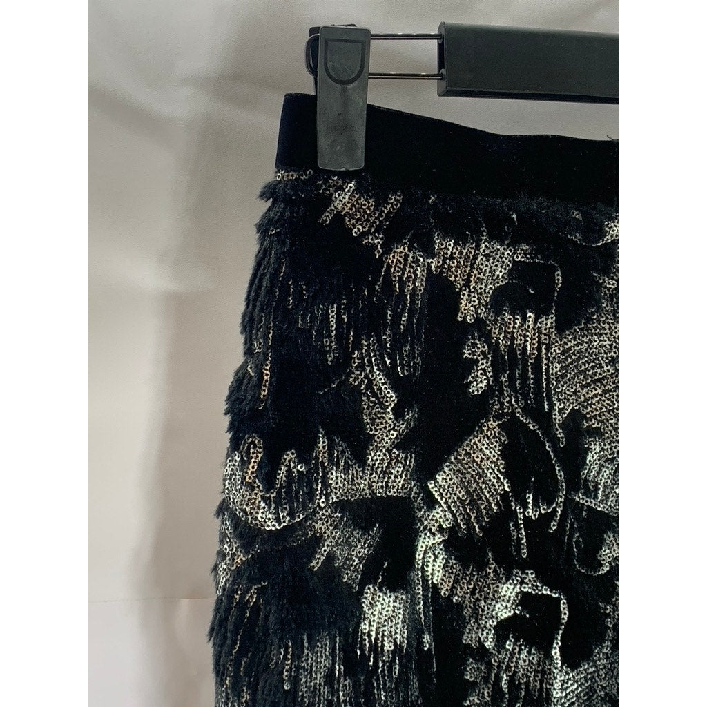 ZARA W&B Women's Black/Silver Sequin Embellished Pull-On Mini Skirt SZ S