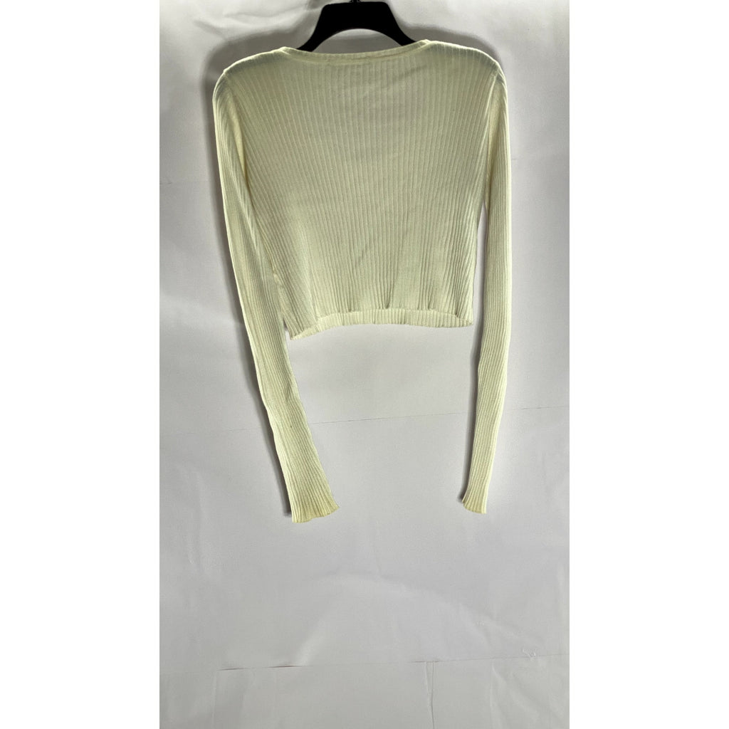 BRANDY MELVILLE Women's Cream Ribbed V-Neck Long Sleeve Crop Top SZ M