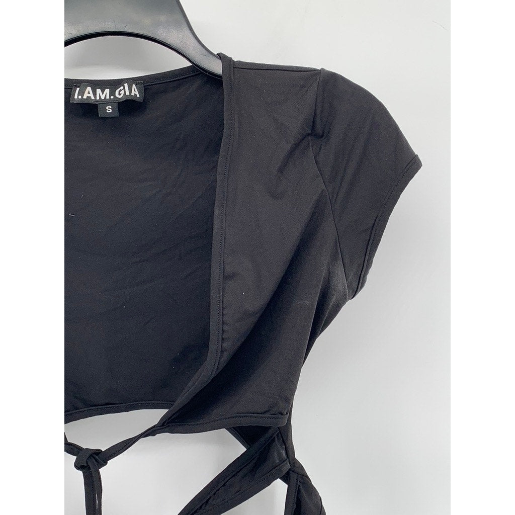 I.AM.GIA Women's Black V-Neck Cutout Wrap Short Sleeve Crop Top SZ S