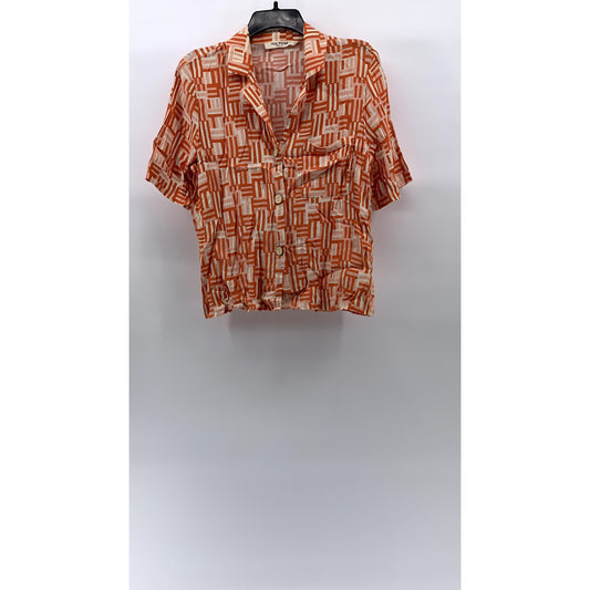 NICE THINGS Women's Orange-White Dessau Print Short Sleeve Button-Up Top SZ40(8)