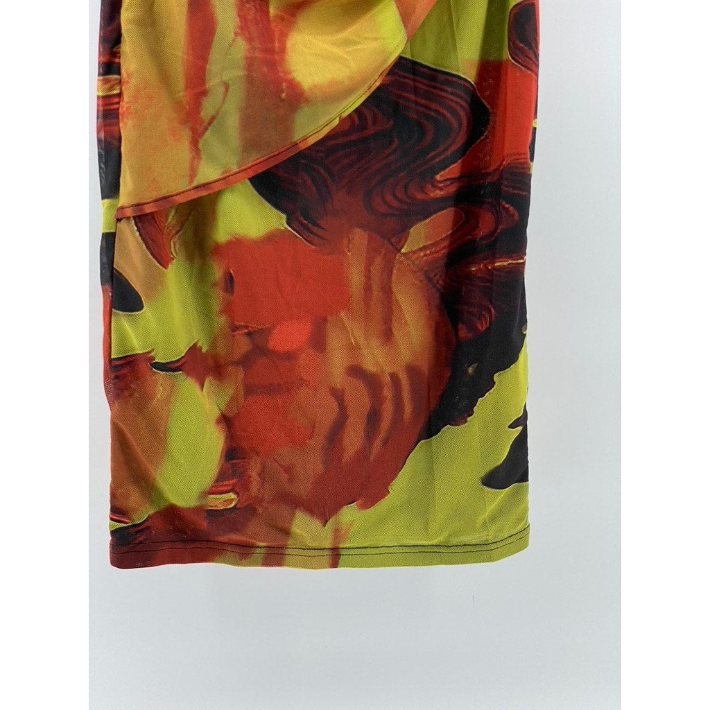 SHEIN Women's Green-Red Printed Strapless Mesh Side-Ruched Bodycon Dress SZ 6