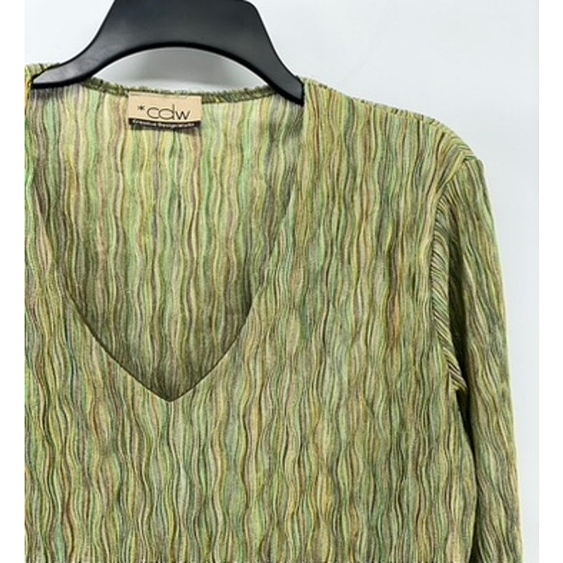 CDW Women's Green Crinkle Textured V-Neck Long Sleeve Pullover Top SZ L
