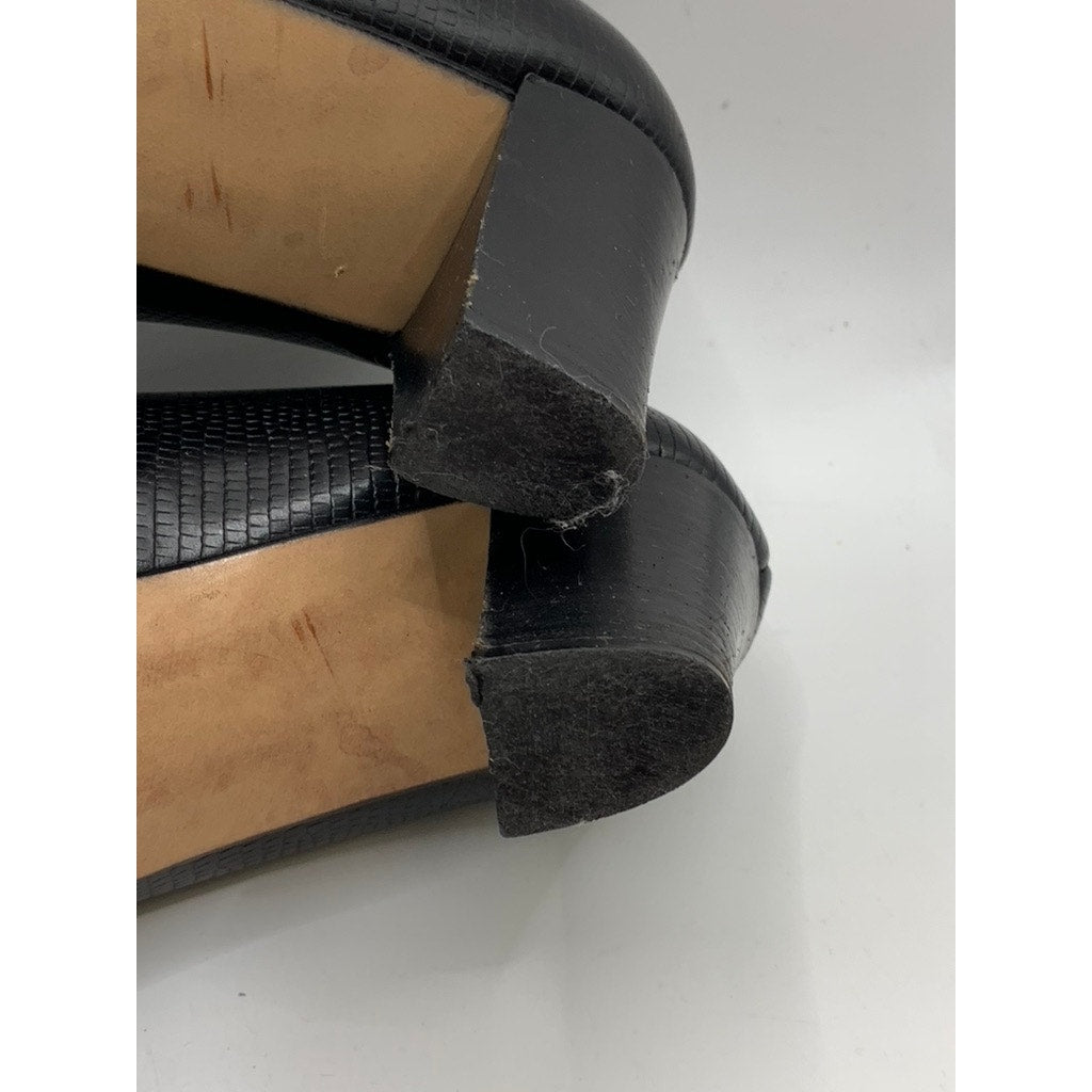 ANN TAYLOR Women's Black Textured Leather Horsebit Heeled Loafers SZ 8
