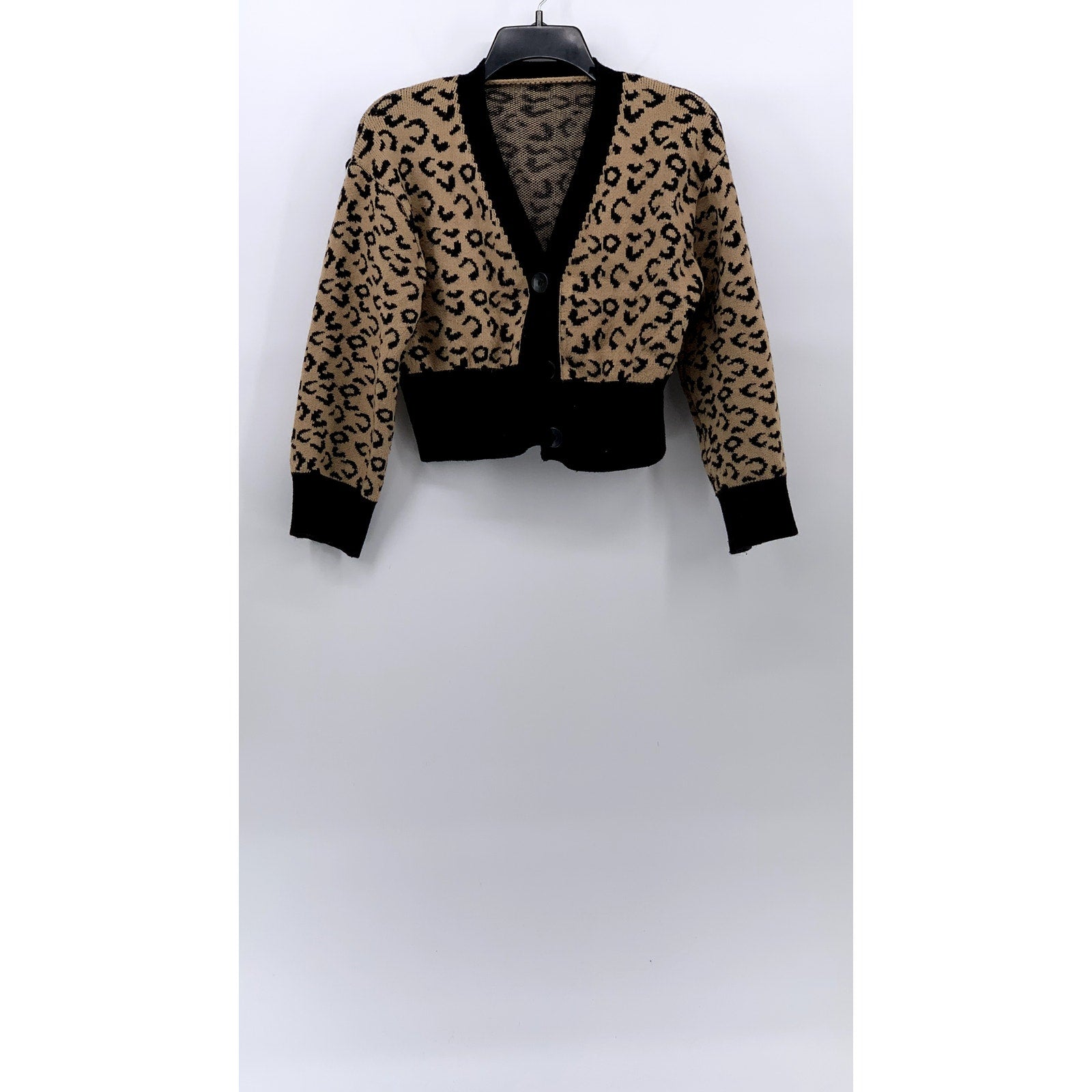 UNBRANDED Women's Black-Brown Leopard Cropped Knit Long Sleeve Cardigan SZ S