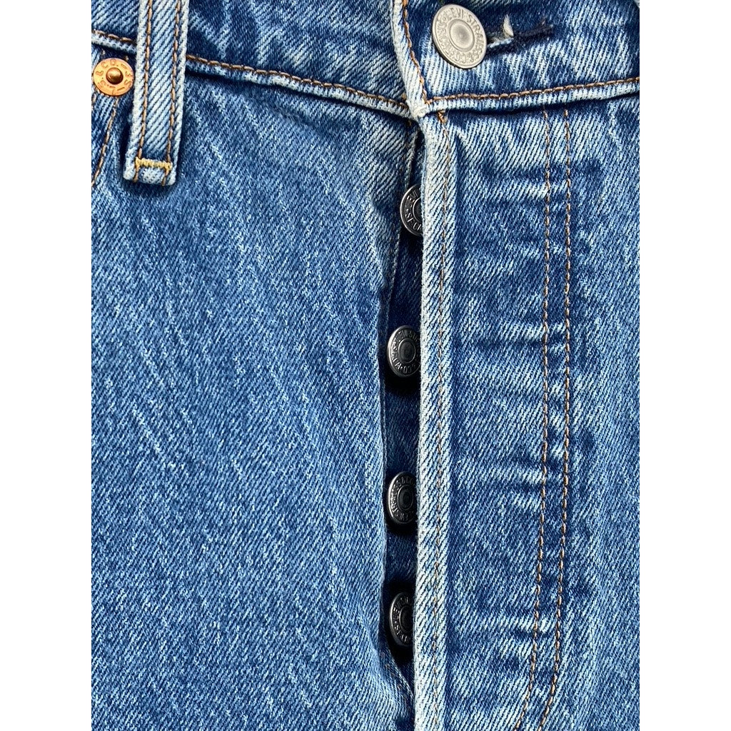 LEVI'S Women's Medium Blue Distressed Ribcage Straight Button-Fly Jeans SZ 28