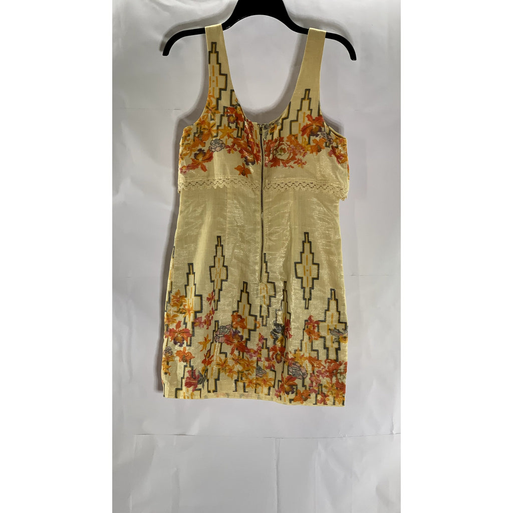 FREE PEOPLE Women's Tan-Orange Crochet Trim Straight-Neck Sleeveless Dress SZ 4