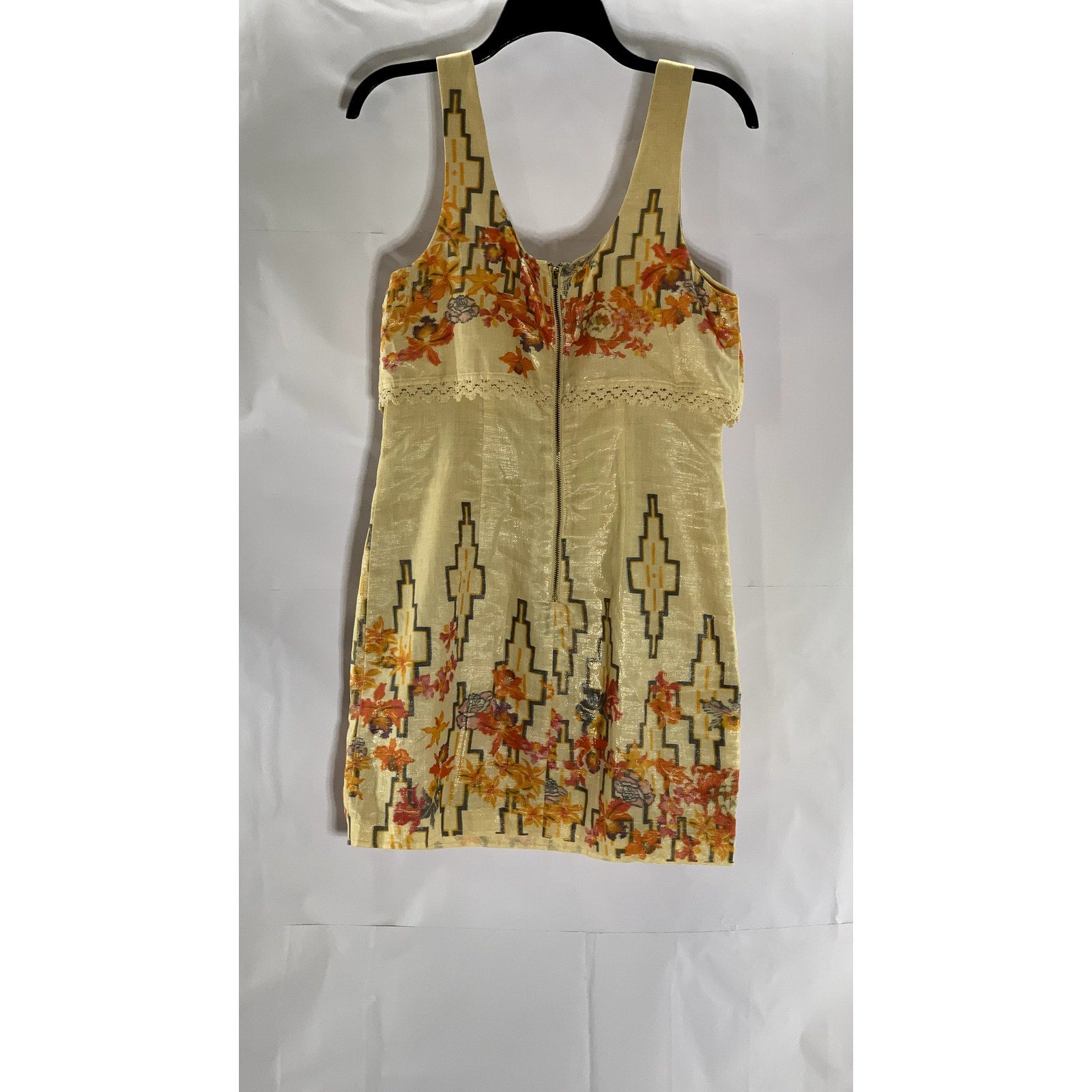 FREE PEOPLE Women's Tan-Orange Crochet Trim Straight-Neck Sleeveless Dress SZ 4